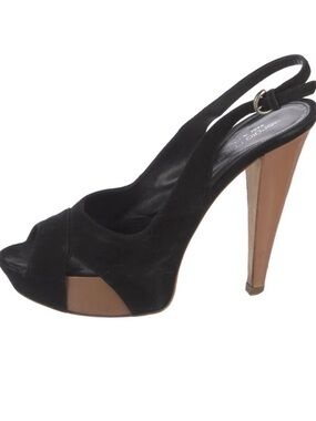 Sergio Rossi Black Platform Peep Toe Slingback Heels 37.5 Italy 5” Heel